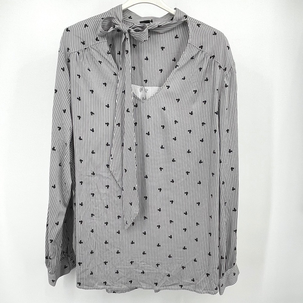 Disney Mickey Mouse Striped Tie Neck Blouse Grey White Long Sleeve Plus Size 5
